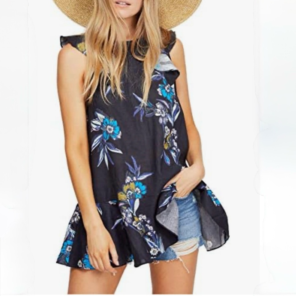 Free People Black Floral Ruffle Tunic Top